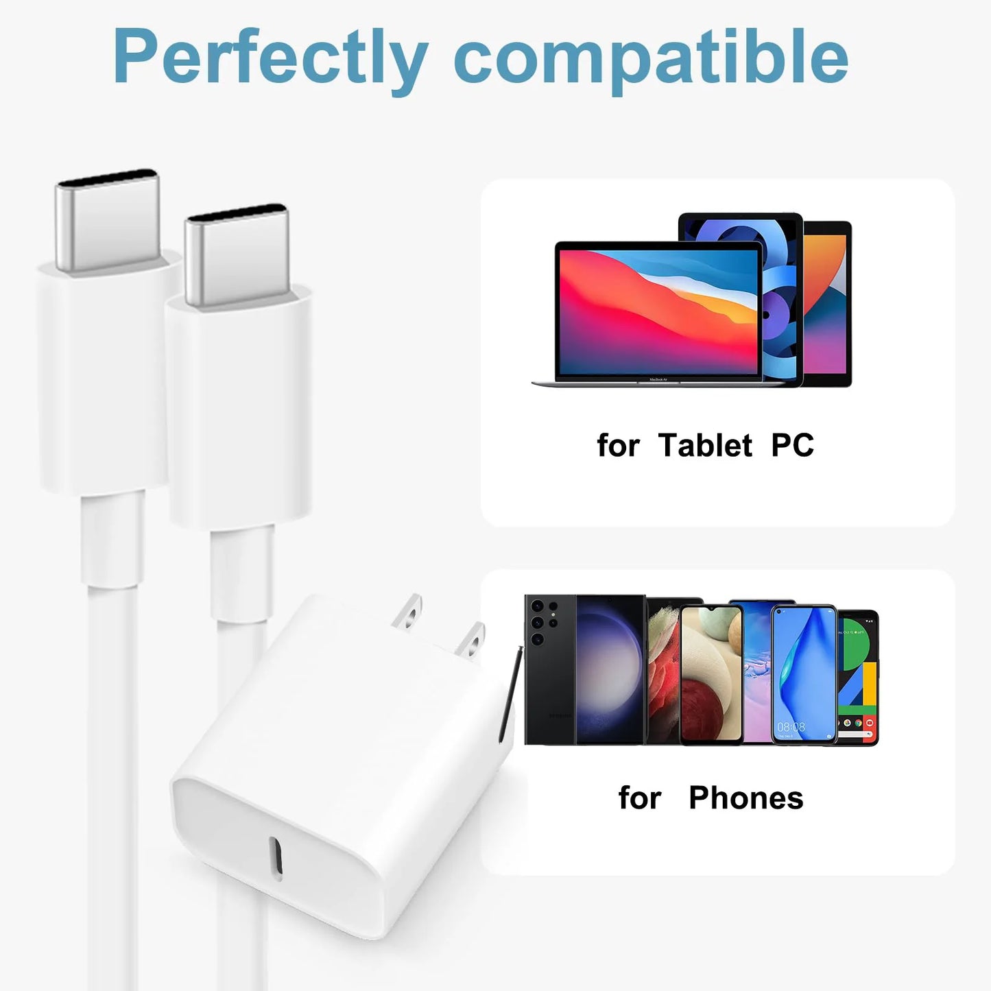 Cargador Rápido USB-C PD 30W + Cable C a C | Compatible con iPhone y Samsung