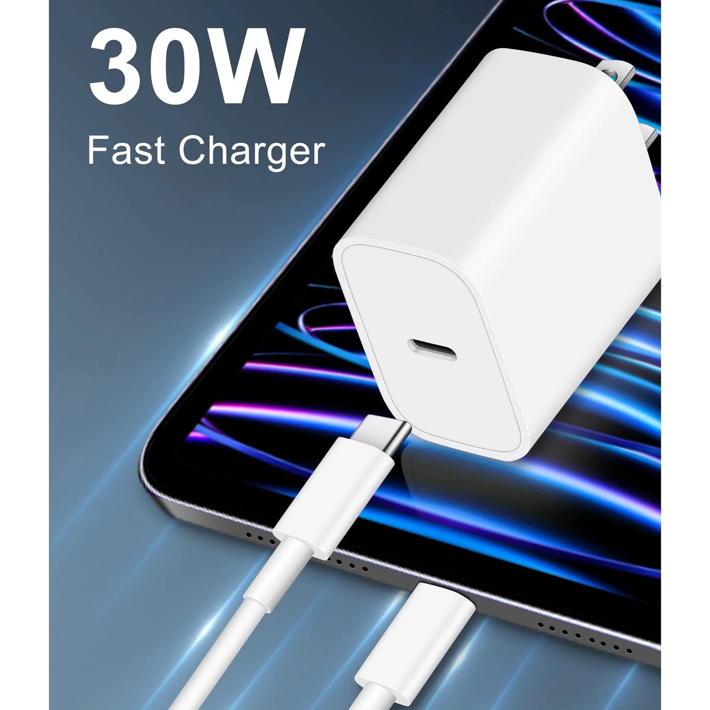 Cargador Rápido USB-C PD 30W + Cable C a C | Compatible con iPhone y Samsung