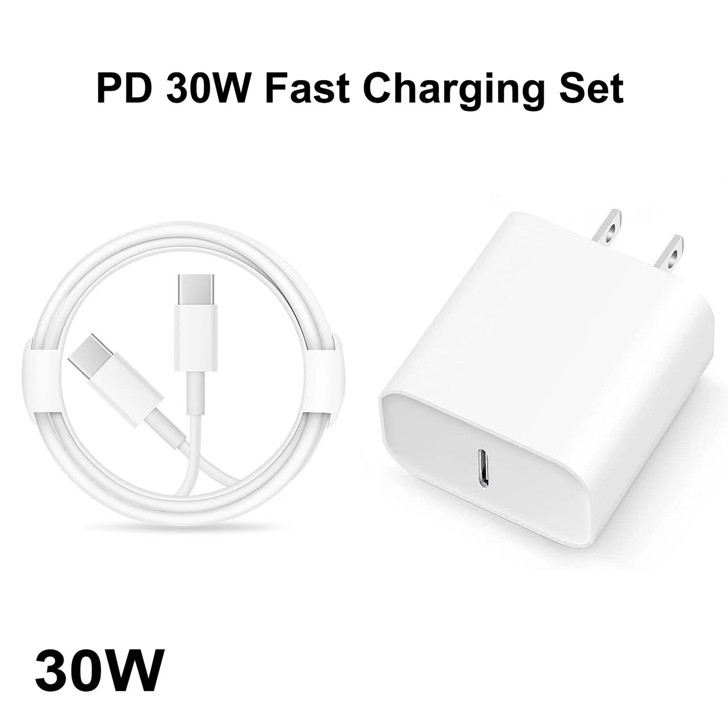Cargador Rápido USB-C PD 30W + Cable C a C | Compatible con iPhone y Samsung