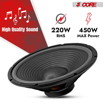 5 Core 15 Inch Subwoofer 450 Watt Car Audio Sub Woofer Pair 4 Ohm w Deep Bass Replacement Loud Speaker